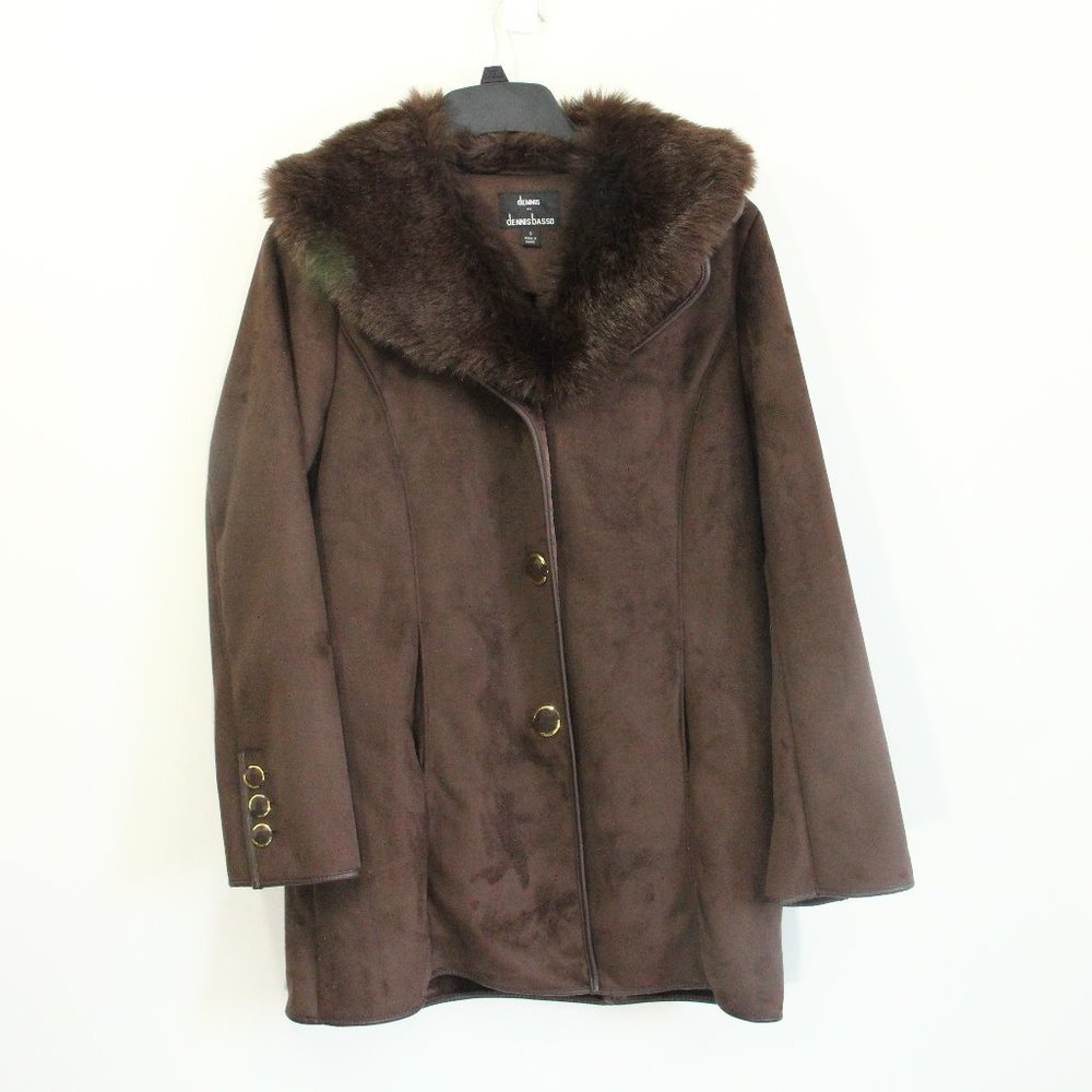 Dennis Basso Winter Coat Small Women Faux Fur Trim Jacket Brown